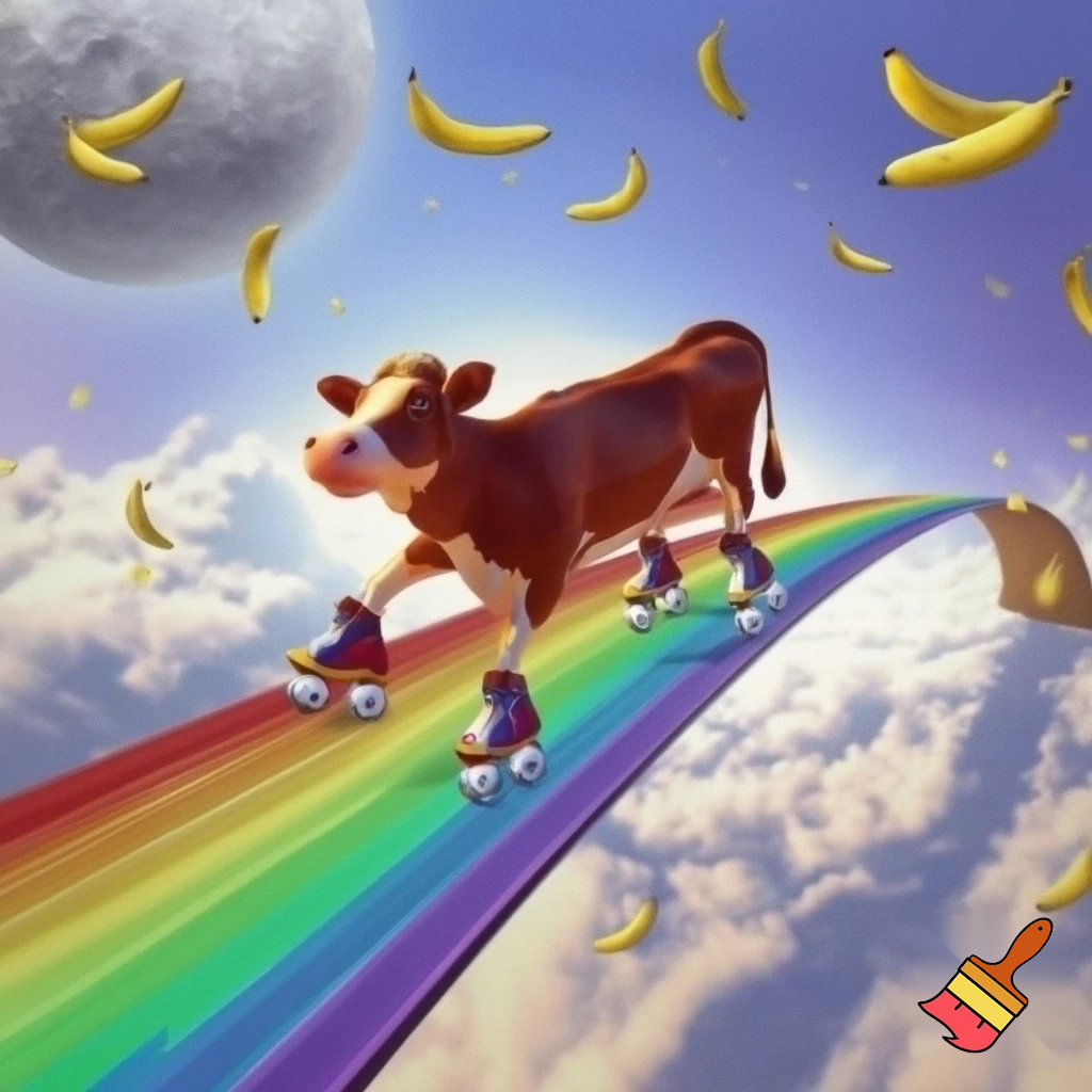 A cow on roller skater crossing a rainbow bridge that connects the Moon with banana shaped clouds
