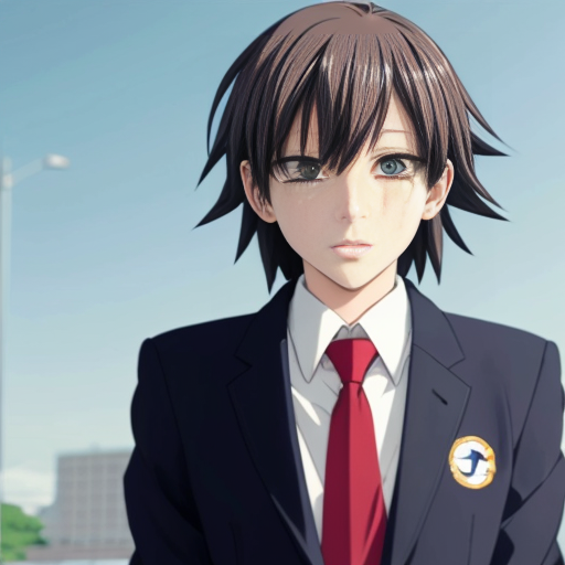 Haruka Sakura from Wind Breaker anime, male, upper body portrait, serious and silent expression, battle-ready stance, hair shoulder-length, slightly wavy, left side white, right side black, flowing with motion, heterochromia eyes: left gold, right dark blue, sharp focused gaze, natural anime skin tone, wearing Furin High School uniform with small tears and battle damage, white shirt slightly rumpled, navy blazer with emblem, red necktie, hands clenched, anime-style gloves, dynamic action pose, subtle motion lines, simple light background, clean anime line art, vibrant saturated colors, realistic shadows and highlights, determined and calm demeanor, slight wind effect, upper body emphasis, faithful to original character design, intense focused aura