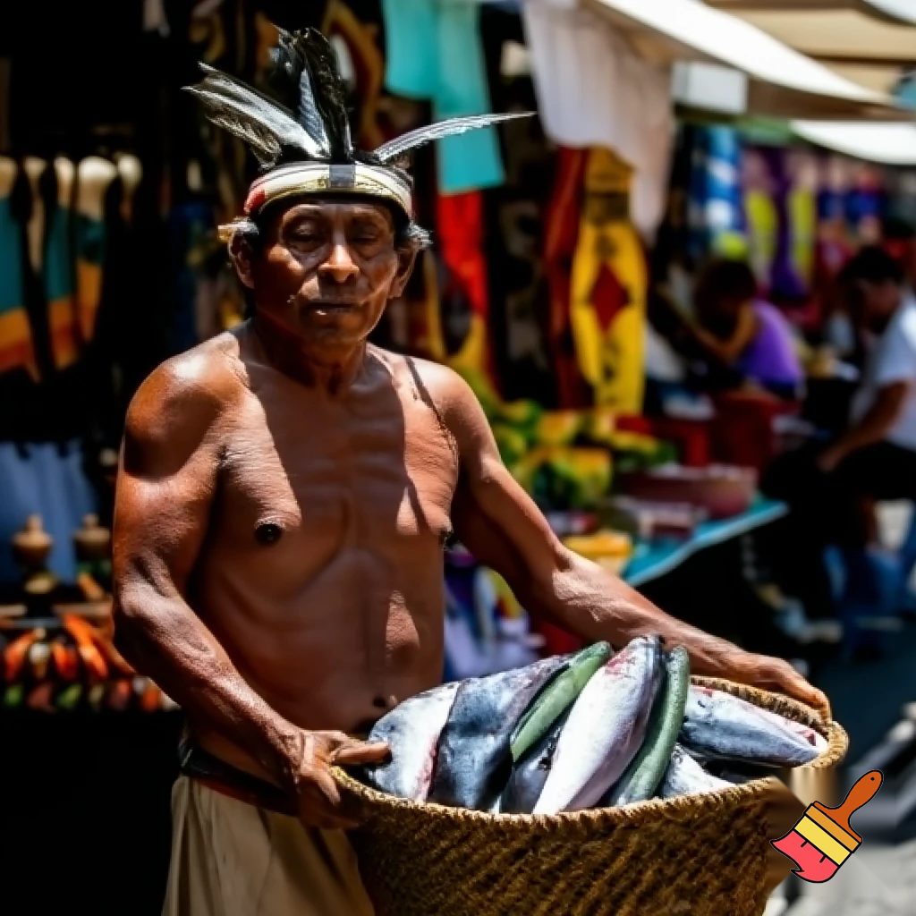Ancient Aztec fisherman selling fish in the market
