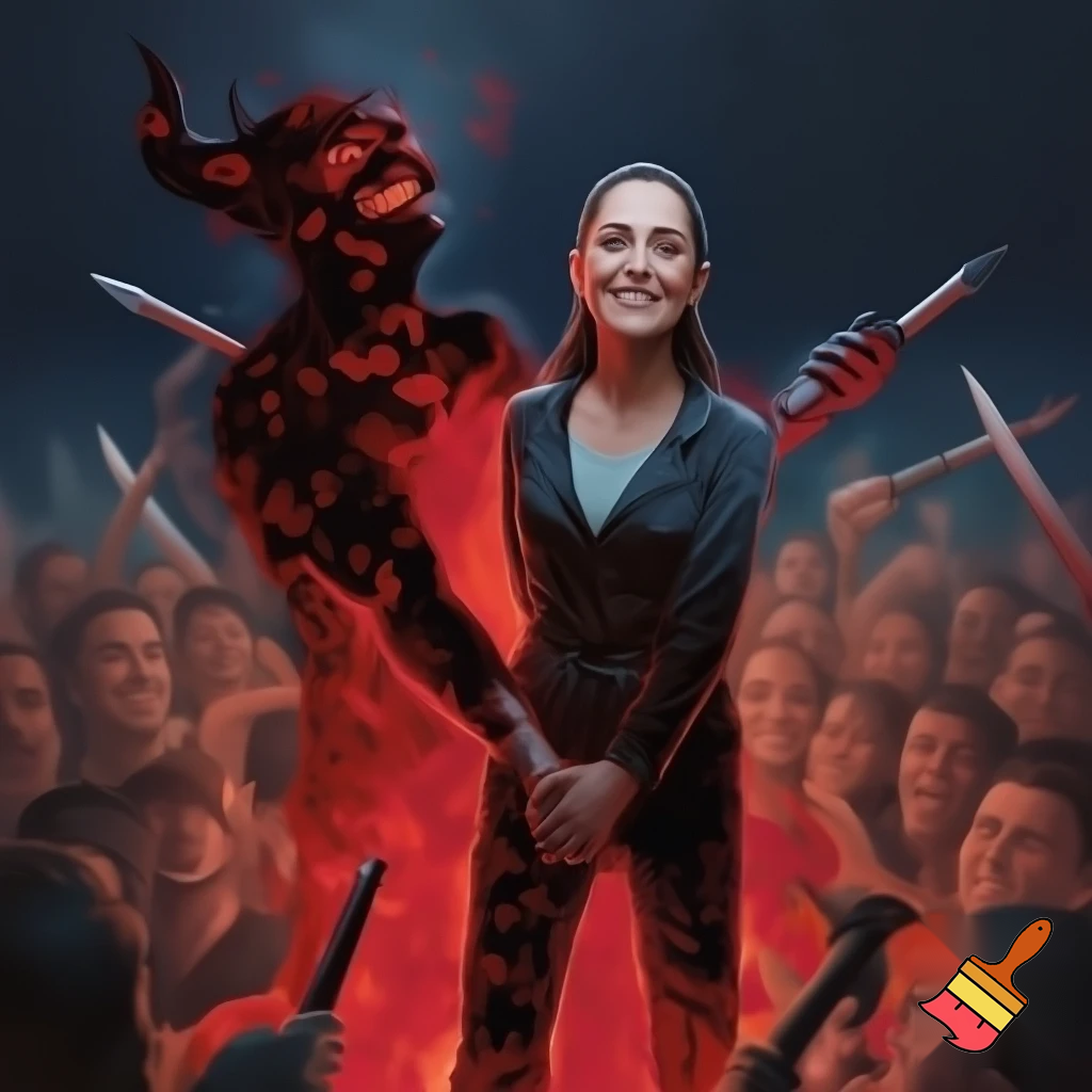 claudia sheinbaum holding hands with the devil and smiling, full body, and deep down people smiling with long weapons