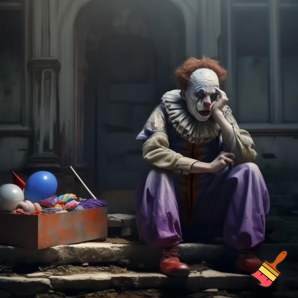 A sad clown sitting on a stone staircase in front of a dilapidated old house in shades of gray, holding his cheek in despair, with a sorrowful smile on his face. Beside him, there is a box containing circus props. The scene is bathed in soft natural light, creating a calm and melancholic atmosphere, with cinematic depth and detailed textures. Ultra-realistic, 4k, cinematic realism.