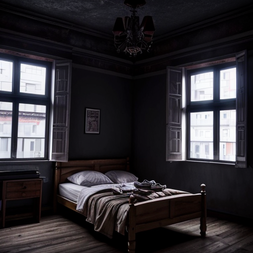 Wide view of boys hostel building, most windows dark, only one room light glowing on upper floor, silent night, suspenseful mood, cinematic horror animation