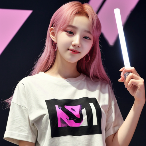 an girl hoding a bts lightstick and has Neni written on her shirt
