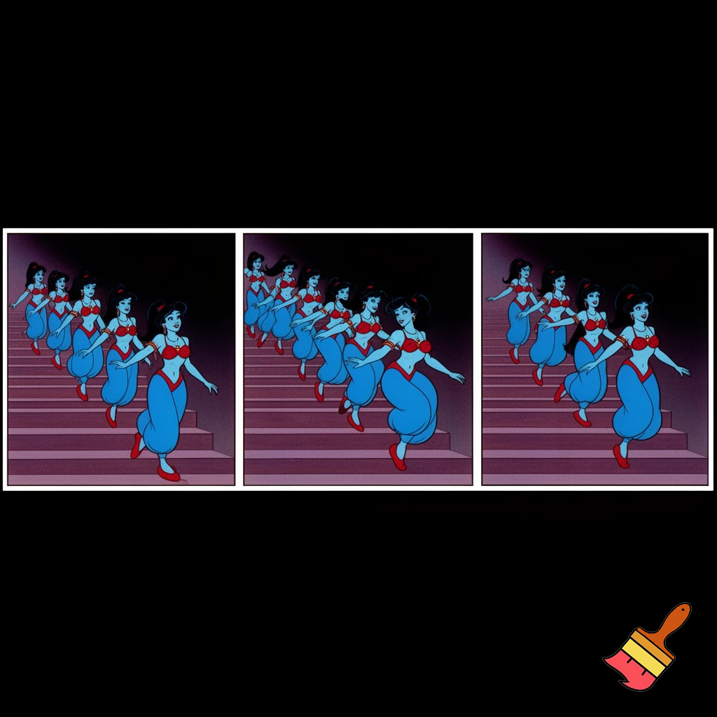 90's disney's 2d aladdin style comic black background and panels of  panel 1 a line black haired ponytail women with blue skin,blue harem pants red bra and red sash red curved slippers are marching down the stairs. 
Panel 2 then the line of black haired ponytail  women with blue skin,blue harem pants red bra and red sash and red curved slippers shake their hips left and right on the stairs in sync. 
Panel 3 then the line of black haired ponytail  women with blue skin,blue harem pants red bra and red sash and red slippers returns to marching down the stairs.