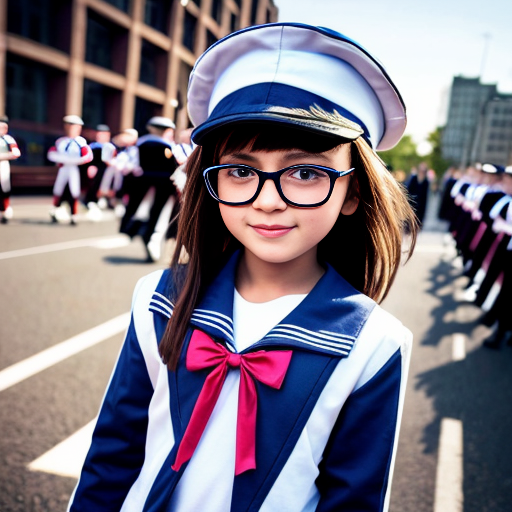 Cute adorable niña Chilindrina glasses con hair lazo con sailor uniforme escolar con zapatos negros escolar con calcetines blancos con sombrero sailor con caminar con desfile con ciudad 1