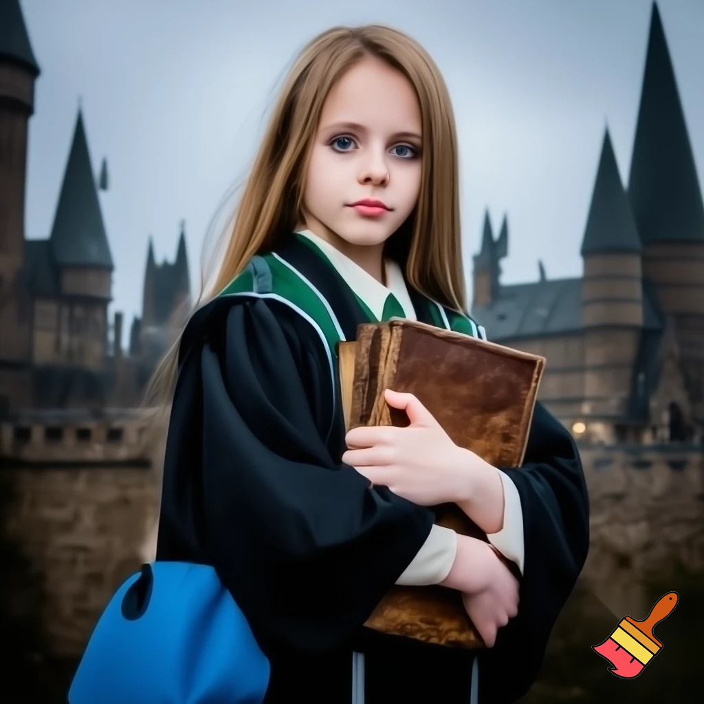 Make me a picture of a young 5'2, 14 year old girl with straight brownish-blonde hair and pale skin and glasz colored eyes. She is wearing Slytherin robes and standing in front of Hogwarts holding her books and she has a small blue side bag