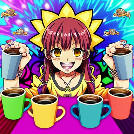 A hillarious, funny boho toad with some hippie colored coffee cups. Psychedelic decorated background. Hard style.