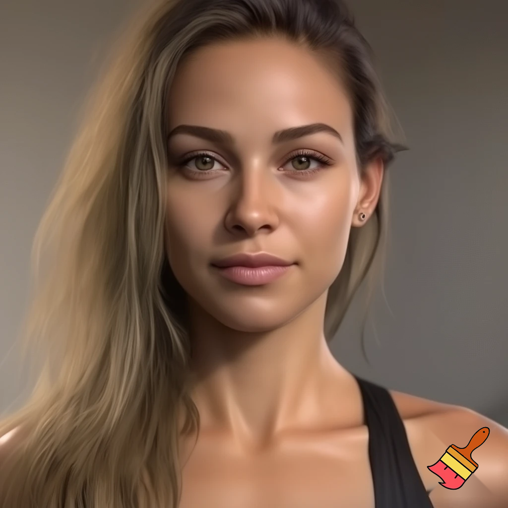 portrait of a young adult woman 22 years old with an oval to slightly narrow face, high natural facial symmetry, and clearly defined but not exaggerated cheekbones. Straight, narrow nose, harmoniously proportioned lips, symmetrical eyes with a calm, friendly expression. Light to dark blonde, slightly wavy hair. Natural skin texture, subtle makeup. Soft daylight, neutral background, modern, athletic body with big breats