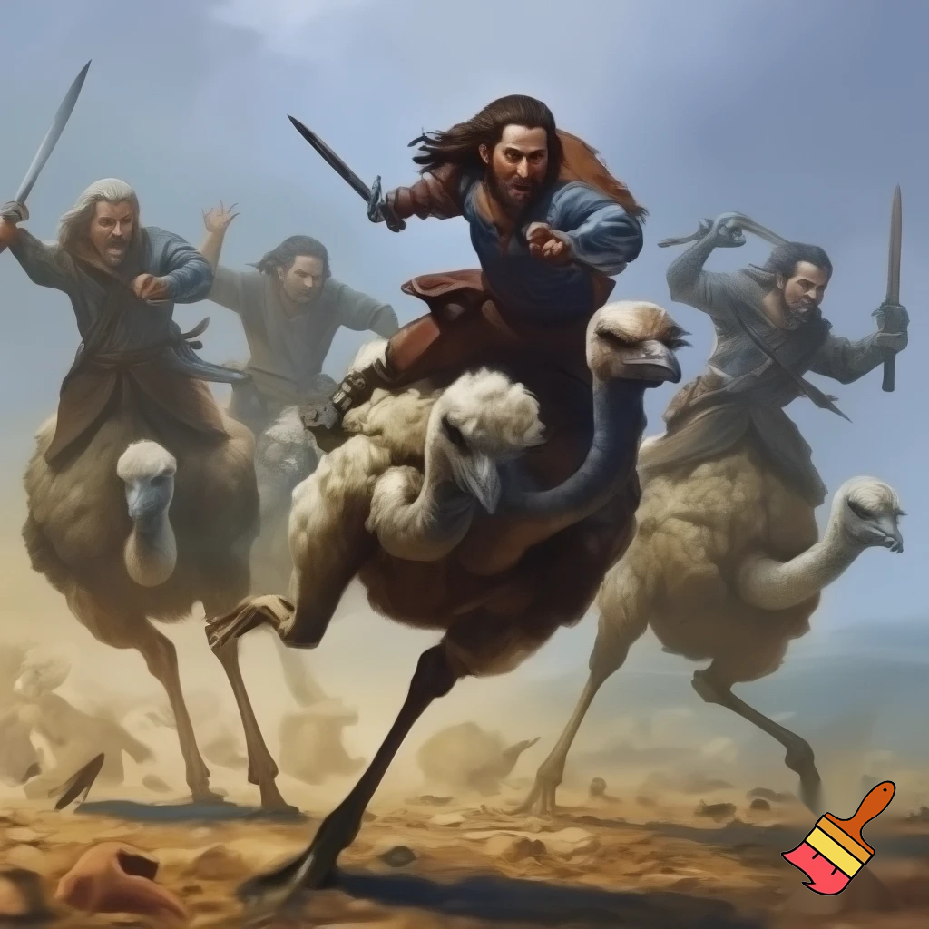 four men riding ostriches charging into battle with medieval weapons