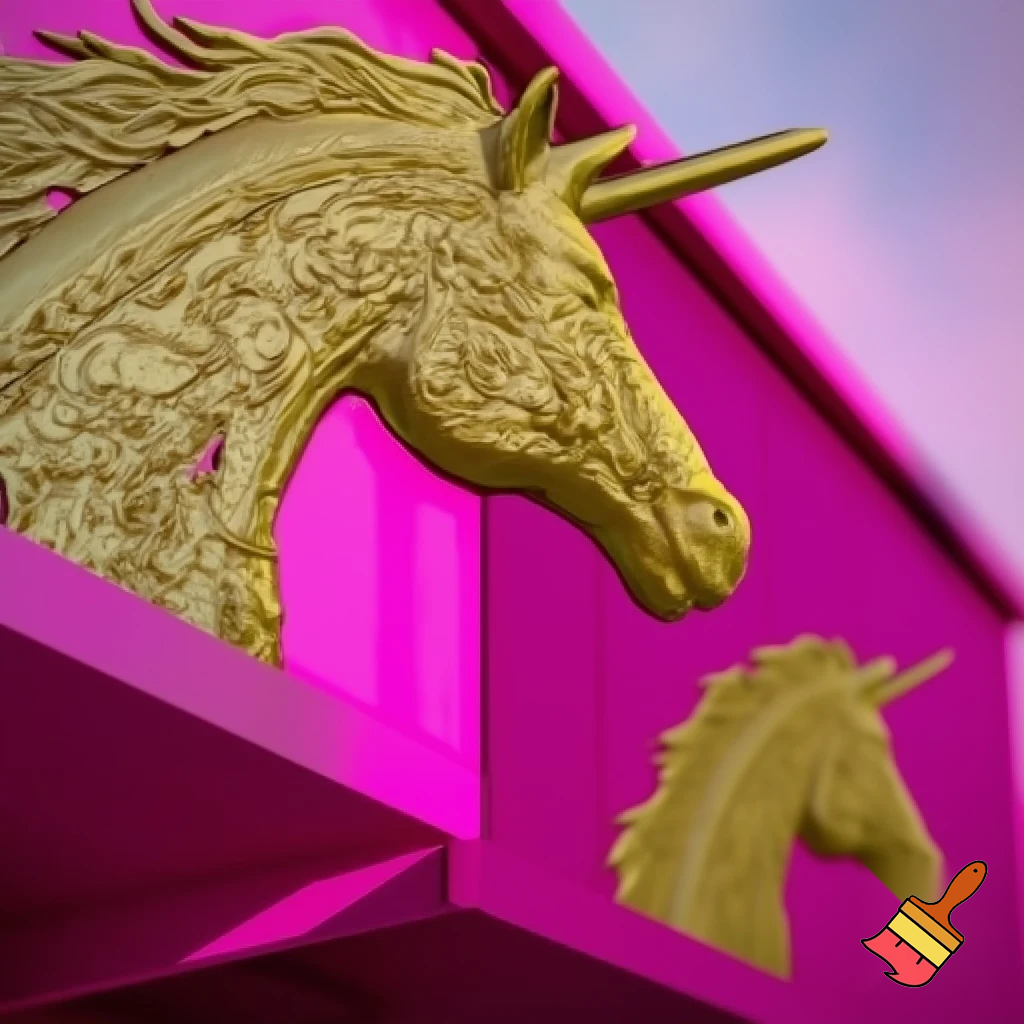 building with walls painted bright pink and magenta with golden unicorn motifs 