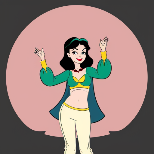 90's disney's 2d style black background and of tiana with dark green harem pants and bra and curved slippers conjoined by the belly of snow white with yellow harem pants and yellow bra and yellow curved slippers both gives a smile and winking their left eye 