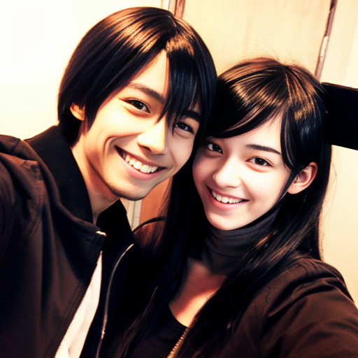 Kabuto Yakushi from Naruto side by side with a young woman with black hair that reaches to her shoulders. She has hazel eyes. She wears a black jacket with a white shirt. They're taking a selfie smiling. Manga style