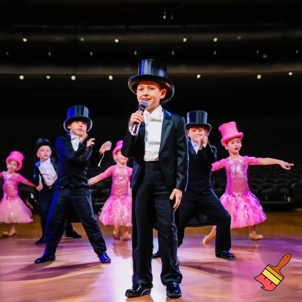 Preteen Boy in Shiny Top Hat White Bowtie Black Tailcoat Black Shiny Shoes Singing in Microphone on big Stage Smiling to the audience. Behind him on stage, two dancing boys in Top Hats and Tailcoats and two dancing Girls in Shiny Pink Hats and Sequined Pink Ballroom Dresses