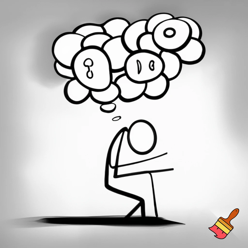 Hook / Brain thinking

Minimalist stick figure sitting, thinking with multiple thought bubbles above head, black and white, xkcd-style, simple cartoon illustration
