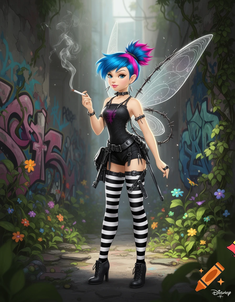 Disney style Tinkerbell, punk rock, thigh high socks black white striped, barbed wire wings, smoking a cigarette 