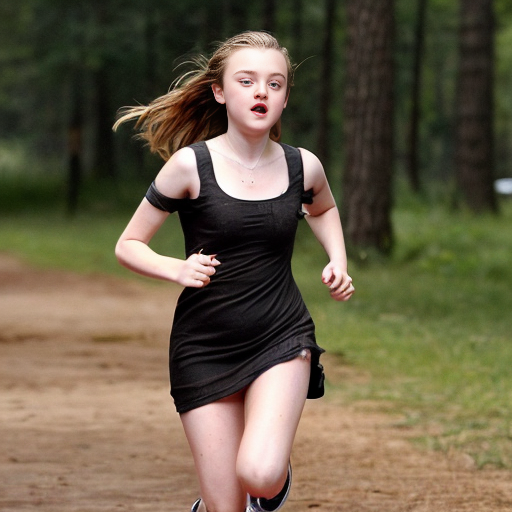 Dakota Fanning, young actress, her dress is torn, she is running through a wood, her breast is exposed, her sister Elle Fanning is running with her
