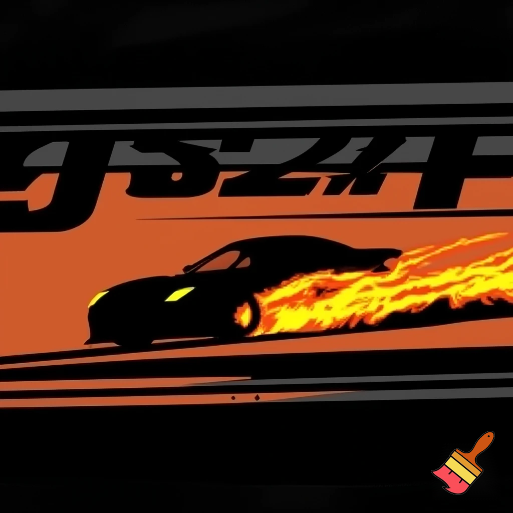 A sleek silhouette of a speeding car drifting across the shirt, leaving a sunset-orange (#F38744) smoke trail that fades into yellow highlights (#F2D602). The background elements and typography are sharp black, giving the whole design a bold contrast. The design feels fast, warm, and high-energy—perfect for a night-meet vibe.