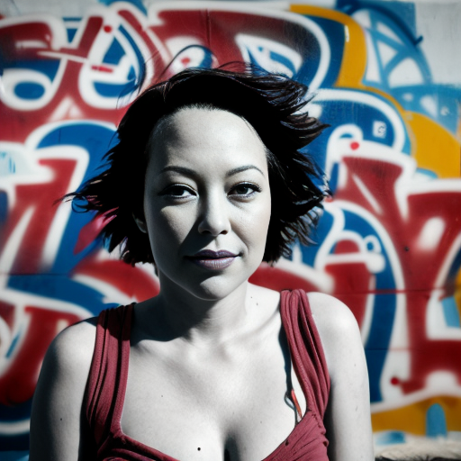 Jennifer Tilly young beach visitor in red bright high key, chaotic graffiti style landscape