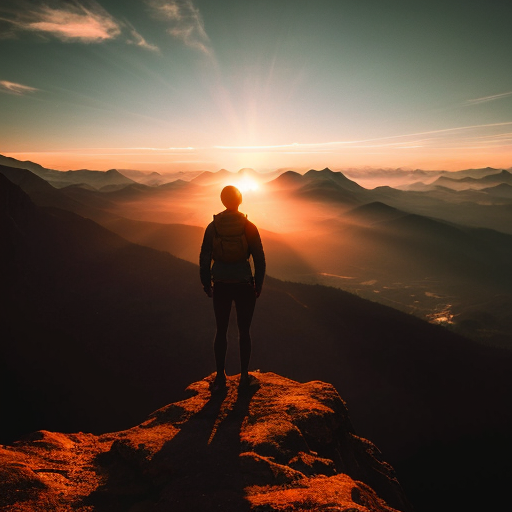 "A majestic sunrise over mountains with a person standing on a peak, looking inspired, cinematic lighting, ultra-detailed, motivational atmosphere"