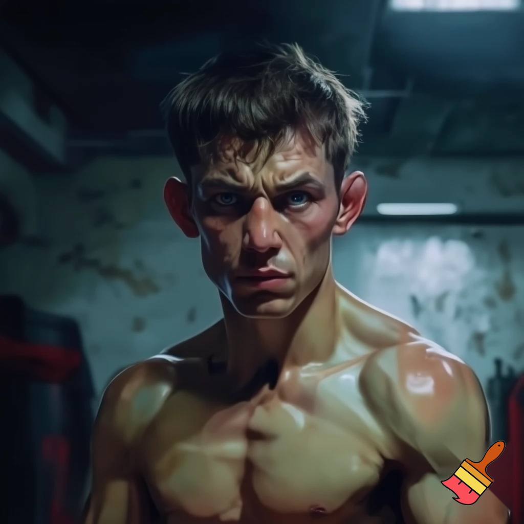 A mixed martial artist who has gone down two weight classes for a fight. His cheeks are sunken and his ribs are visible and his muscles stand out alarmingly. Nonetheless, he stands tall and steady. His eyes are watery blue, his hair is brown and his ears stick out. For once in his life, he is ready to win.