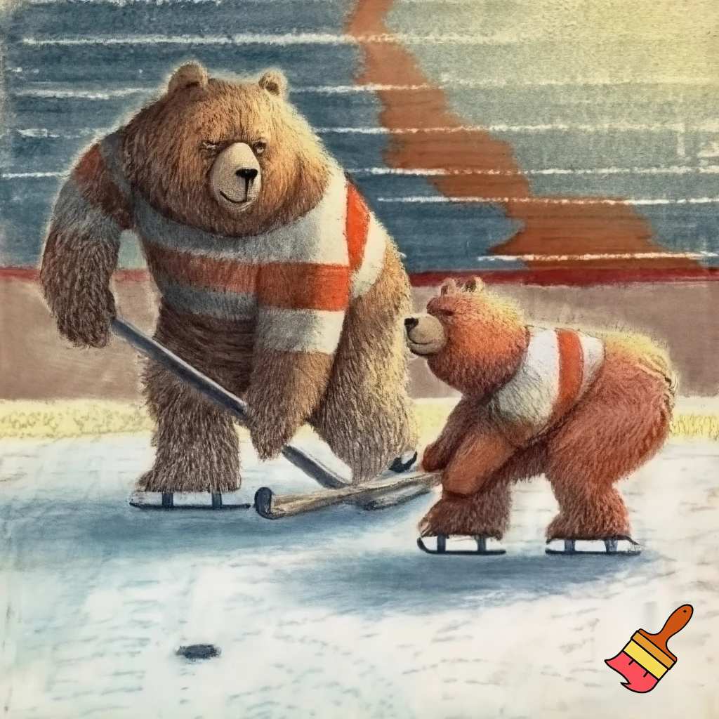 brown bears hockey players crayon drawing style with hockey uniform
