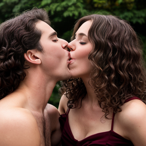 woman with long brown curly hair and dress and man snogging on the mouth