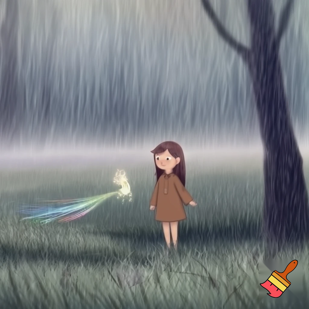 “Morning in the Mist”

A young girl named Sarah stands at the edge of a misty forest meadow on a rainy morning, coat buttoned to her chin. Beside her drifts a tiny glowing Fey, a spirit of light woven from wind and color. The scene feels calm, magical, and full of possibility; soft lighting, painterly children’s-book style, pastel palette, detailed fog and grass.