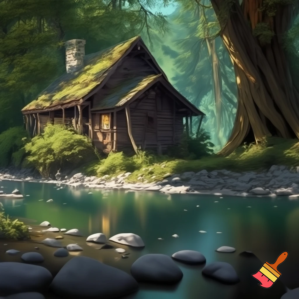 Small wooden cabin in a forest near a river