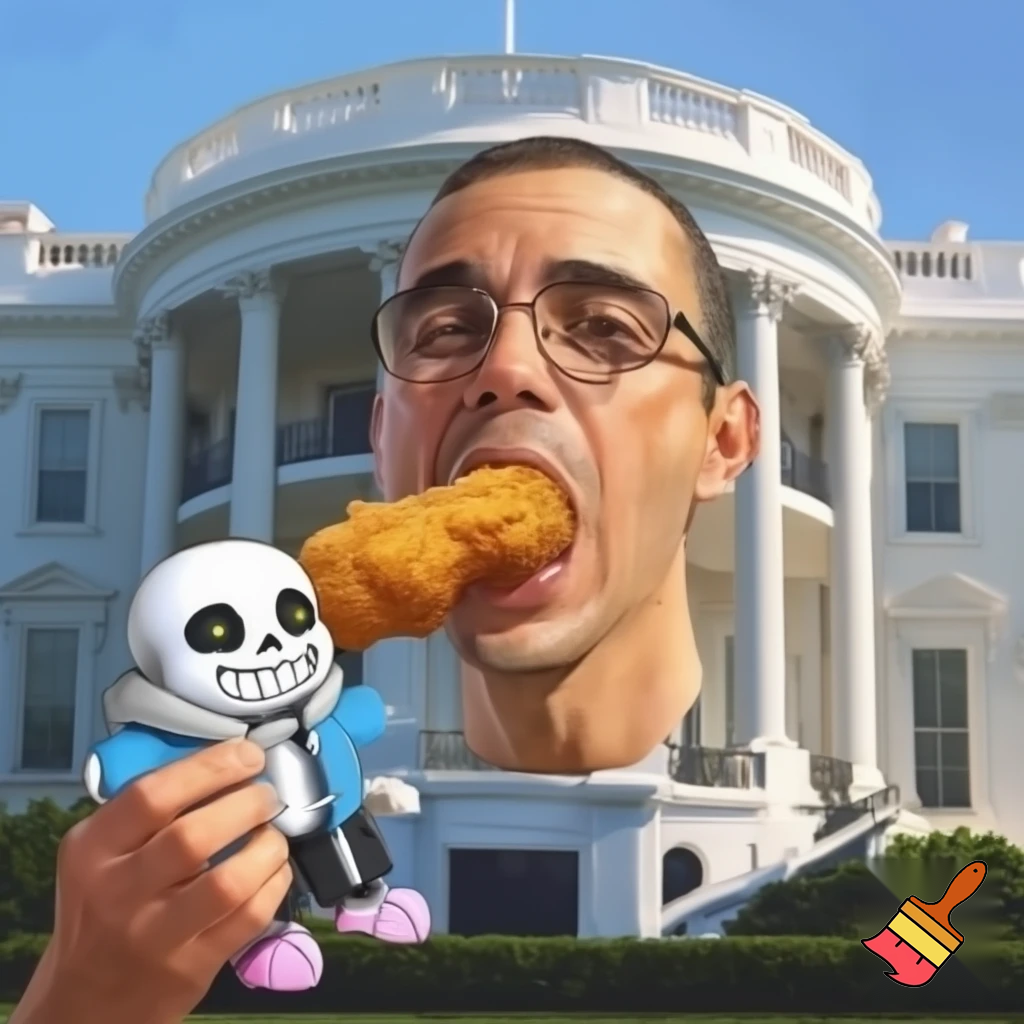 man eating chicken nugget in frront of the white house with sans undertale pulshie in his left hand
