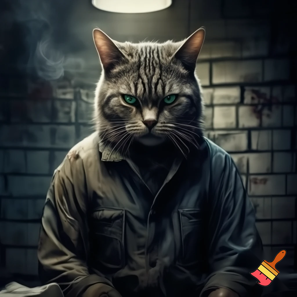 evil, sinister, strong, cat in a police mugshot staring with dim lights jail suit