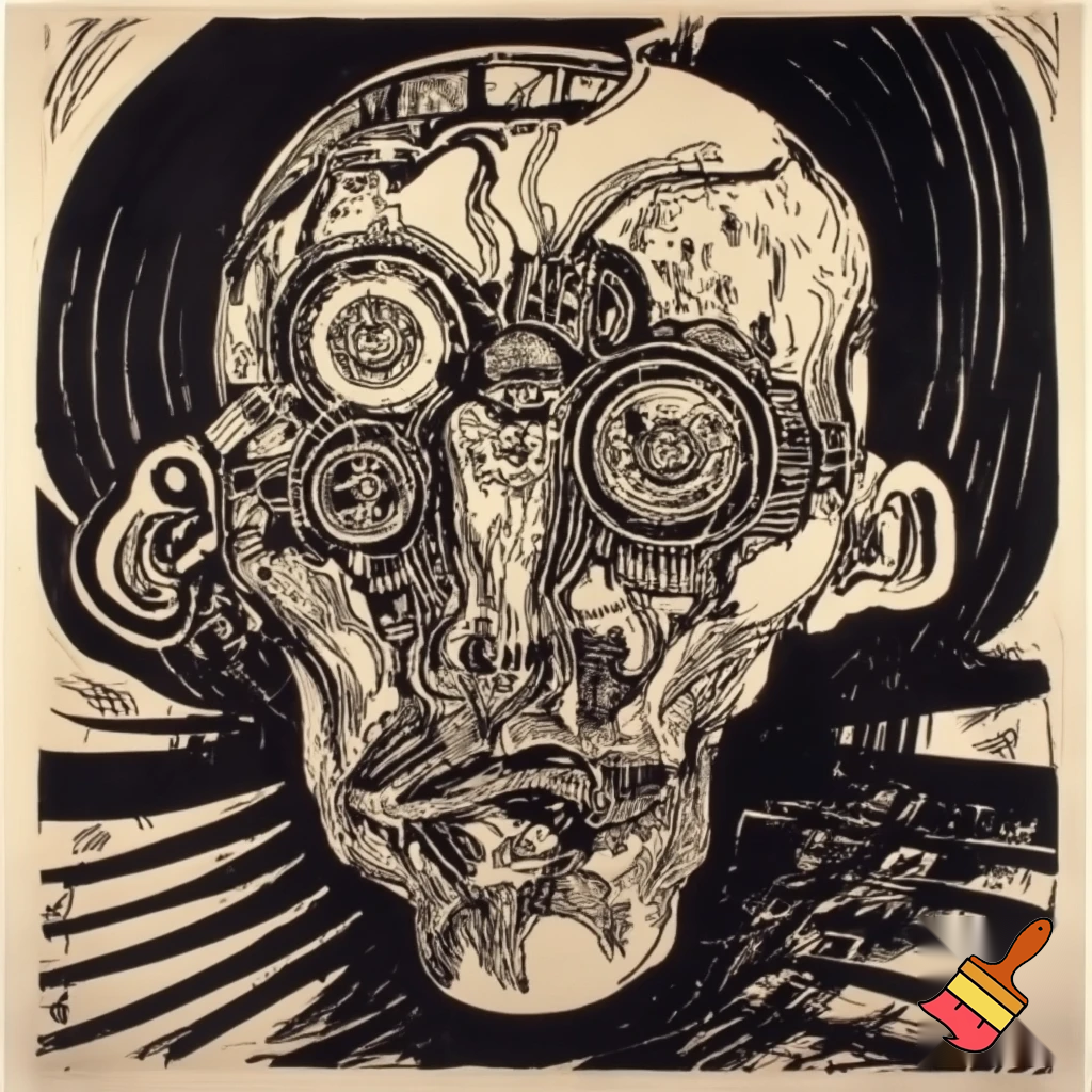 Bio-mechanical post-human noise art. In the style of a 1920's German Expressionist woodcut print. Black & white.