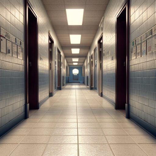 Empty school corridor in the morning, soft sunlight streaming through windows, dust particles floating in the air, nostalgic and calm atmosphere, soft shadows on tiled floor, subtle background of school bell ringing, cinematic Lofi lighting, warm tones, detailed realistic style, soft focus, emotional and serene mood"