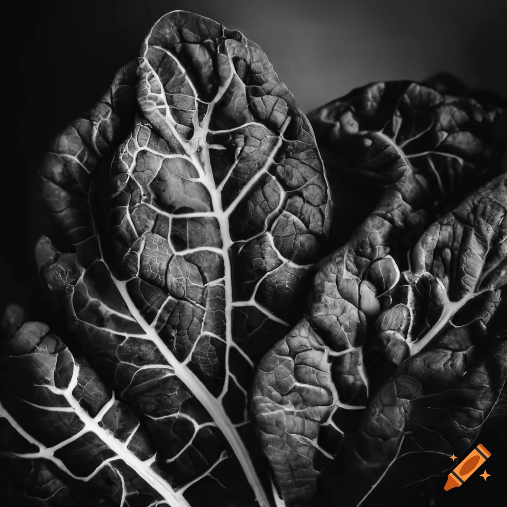 Crisp chard leaves with intricate veins and betroots, captured in black and white