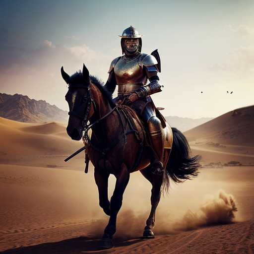 Rajput warrior on horseback, charging in desert storm, cinematic, intense mood, golden hour lighting, low angle shot, dust particles flying, ultra detailed armor, in style of Frank Frazetta --ar 16:9 --v 6