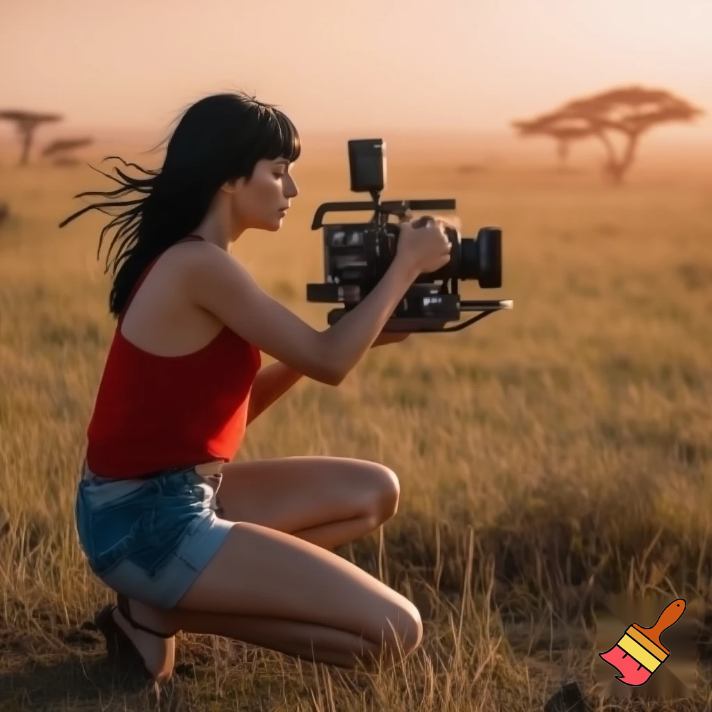 A cute and muscular black-long-and-side-swept-banged-haired fair white woman with arriflex digital camera and wearing red tank top and woman's blue short jeans and putting the sandals on her feet is filmming the plains of the Serengeti in Tanzania.