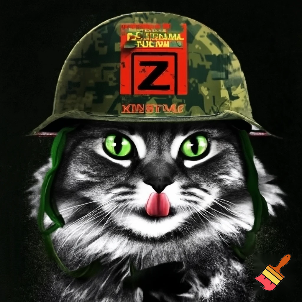 A hyper-realistic close-up portrait of a fluffy gray Siberian cat with bright green eyes, sticking its tongue out playfully. The cat is wearing a digital pixelated camouflage military helmet. The style is a Soviet-era military or socialist realism, with bold stylized graphics, high contrast, and a limited color palette of olive green, black, red, and white. In the background, bold Cyrillic text in red and white: at the top "БООРУЖЕННЫЕ СИЛЫ РОССИИ" (Armed Forces of Russia) and at the bottom "KAMAZ". The letter "Z" is prominently displayed on the side of the helmet or in the background. The image has a slightly grainy, vintage print texture. The mood is ironic and humorous, mixing cuteness with military aesthetics. --style raw --ar 2:3