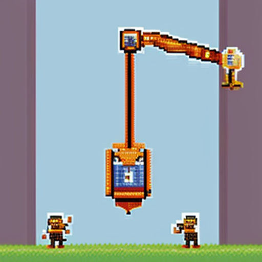 Make a pixel art of a enemy that is a robot crane head and has crane arms is really tall and is found in junkyards they could also shot balls of energy and this is a enemy for jumpbot the main charecters in our game