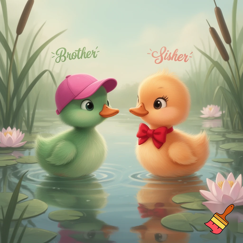 Green brother duckling with pink cap and orange sister duckling with eyelashes and red bow can have both names.