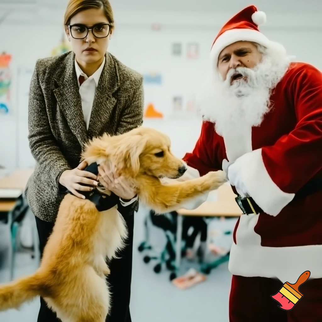teacher and Santa fighting over a puppy
