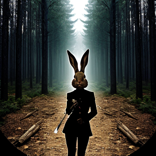 European rabbit, holding knife, dark forest, evil,