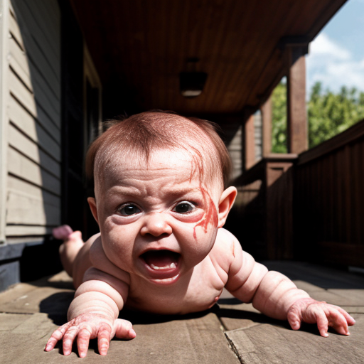 Baby crawler MUTANT DEFORMED grotesque EXPIREMENT UGLY GROSS DISGUSTING OUTSIDE SURROUNDING A HOUSE