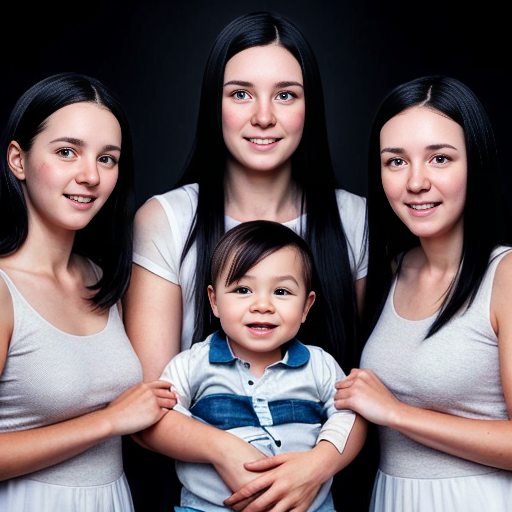 make a family photo with a 26 year old mom with black hair. Add her 2 
year old boy triplets with black hair. also add her 16 year old triplet girls with black long hair.