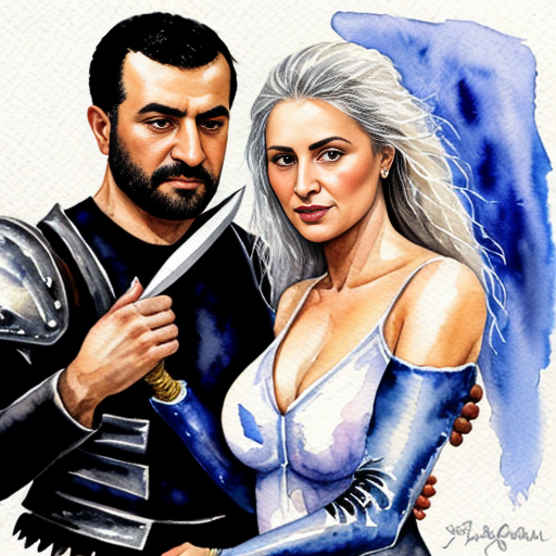 young, tall, white-haired woman in armor is sad because a Turkish man stole her knife.