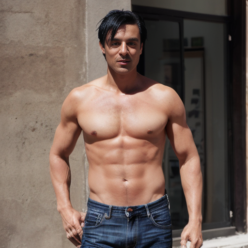 create image of man with a tan with black hair and jeens