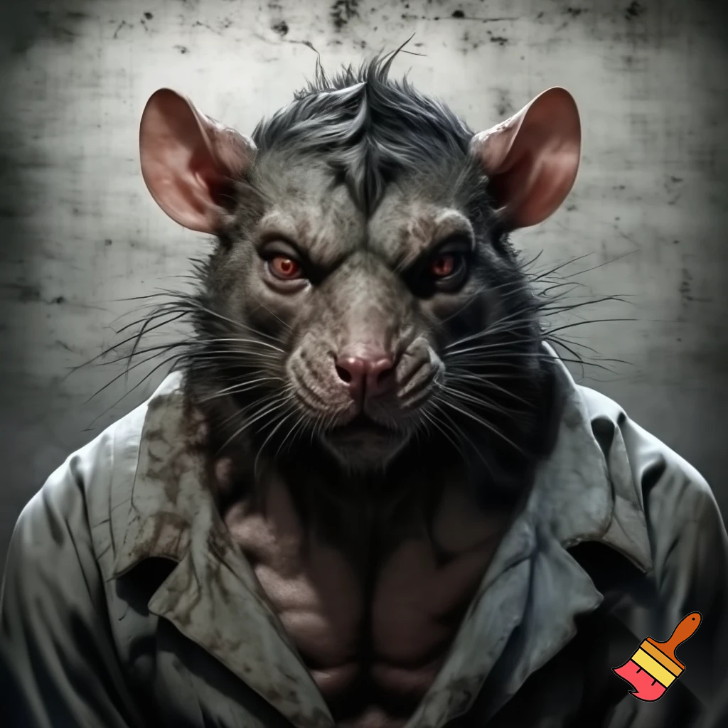 strong rat, evil, sinister, wearing prison outfit, mugshot style, no human
