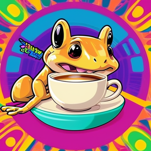 A hillarious, funny boho toad with some hippie colored coffee cups. Psychedelic decorated background.
