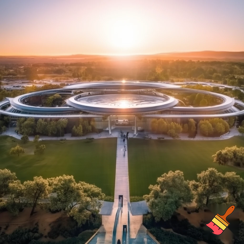 Wide cinematic shot of Apple Park in Cupertino at sunrise — the massive circular glass structure glows in golden light, surrounded by manicured green lawns. A drone view captures employees walking with sleek laptops, wearing minimalistic formal outfits in neutral tones. The atmosphere is calm yet charged with purpose, evoking the quiet intensity of a trillion-dollar empire at work.