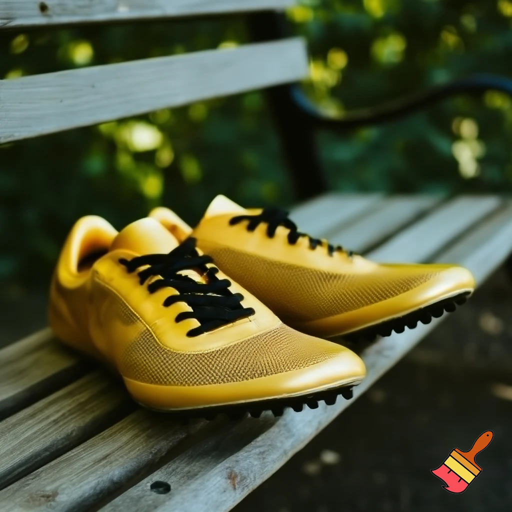 gold-yellow track shoes with black laces on a bench
