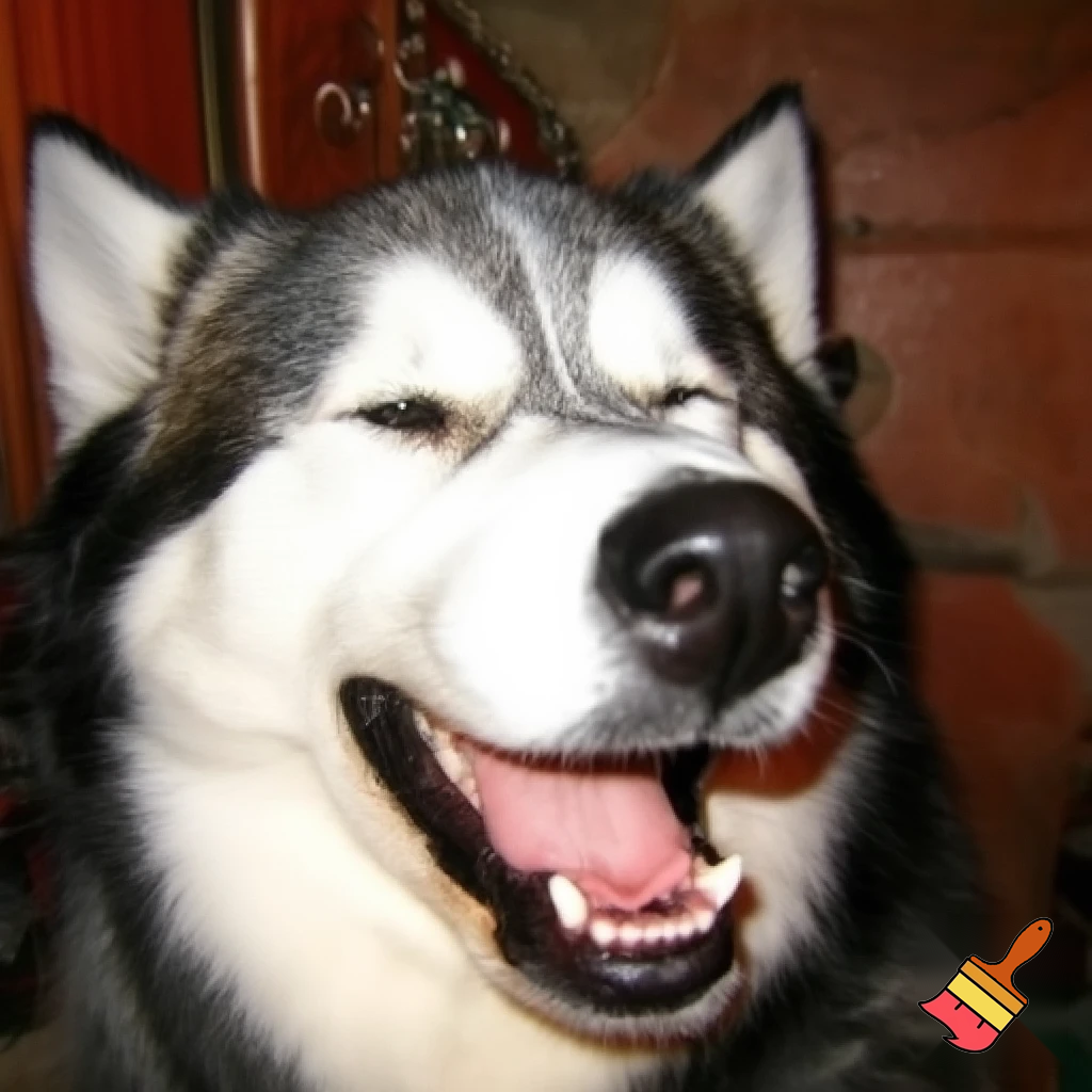 A husky dog smiling like a human with human teeth