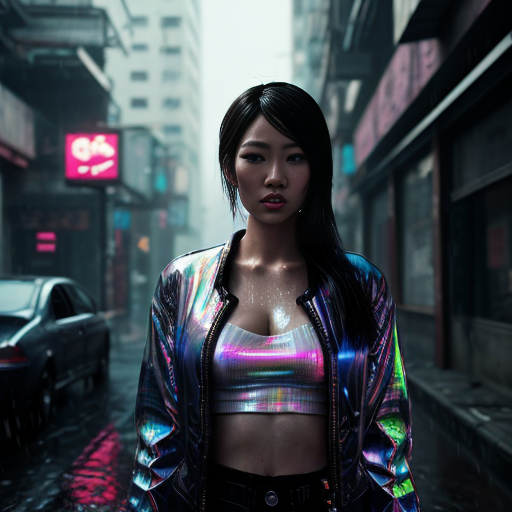 `/imagine A stunning 30-year-old Asian woman, standing, wearing complete nude, cyberpunk aesthetic, realistic fashion photography, detailed skin texture, dynamic lighting, gritty urban background with holographic advertisements, rain reflections, cinematic --ar 9:16 --style expressive --v 5.2`